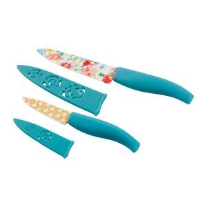 Pioneer Woman Breezy Blossom Chef & Paring Knife 2 Pc Set Sheath Floral Teal New